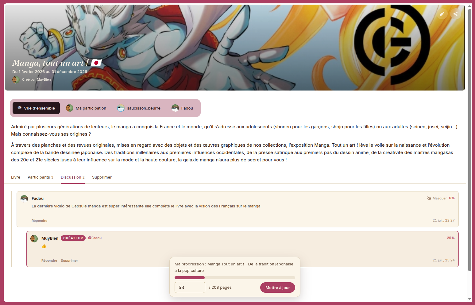 Vue d'une lecture commune sur BooGoal : barre d'avancement et fil de discussion ancré à la progression.