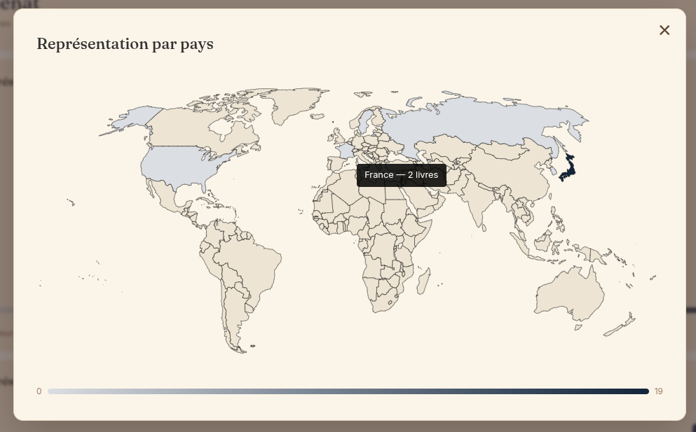 Carte du monde colorée par intensité montrant la nationalité des auteurs lus.